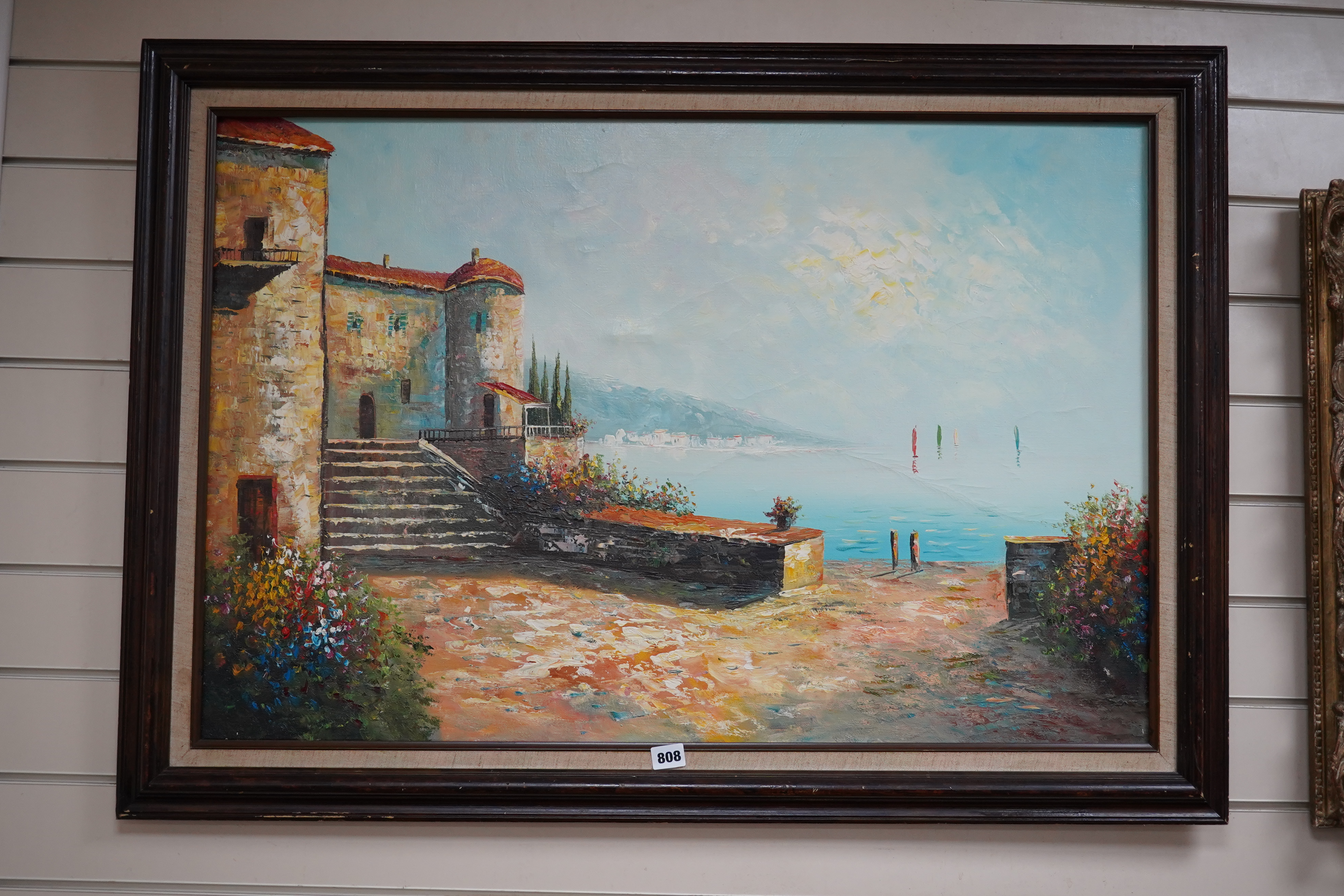 Contemporary impasto oil on canvas, Mediterranean lakeside landscape, unsigned, 60 x 90cm. Condition - fair